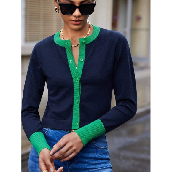 Navy Green Button-Up Cardigan Long Sleeve Minimalist Preppy Layering Piece - Picture 1 of 1